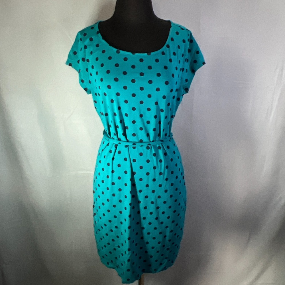Tommy Hilfiger Dress Womens L Blue Black Polka Dot Cotton Stretch Belted Waist